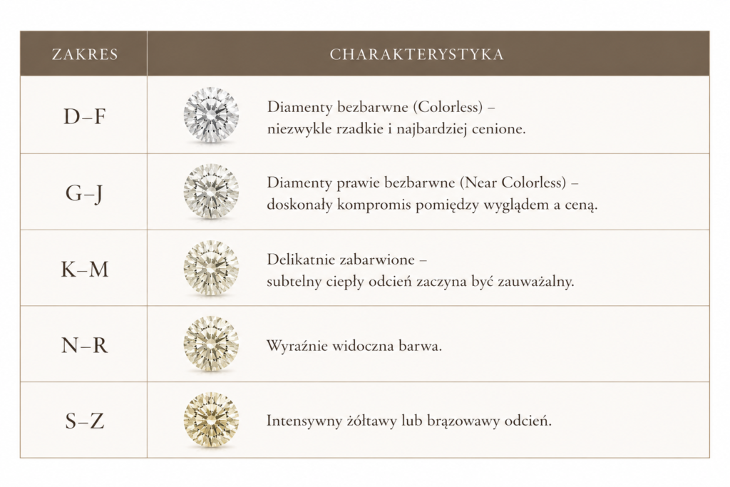Skala barwy diamentów D-Z według GIA